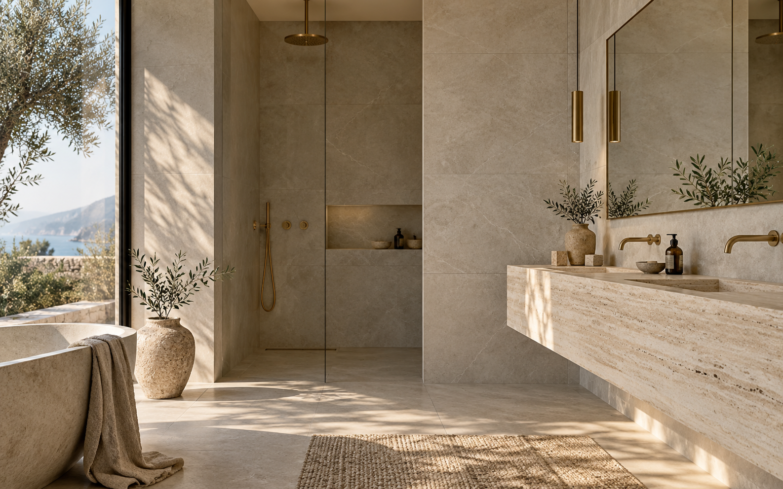 Bagno contemporaneo rivestito con grandi piastrelle effetto pietra, luce naturale e lavabo in travertino